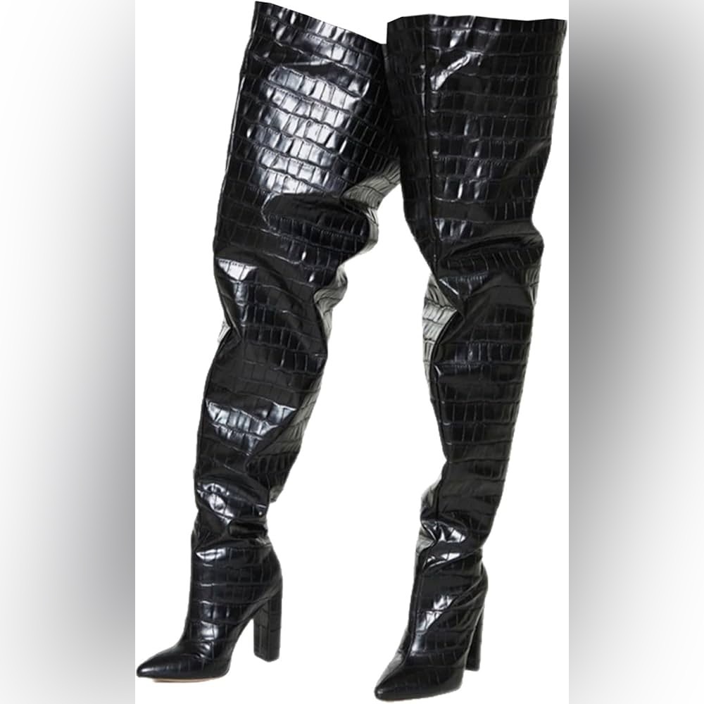 Women's Wide Stone Grain Chunky Heel Oversized Thigh High Boots